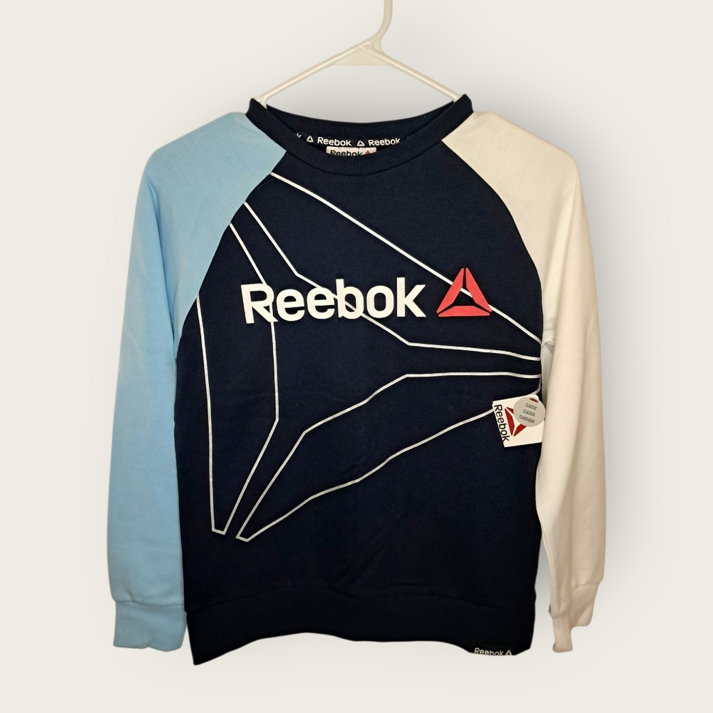 Reebok Boys Navy, Blue & White Colorblock Crewneck Pullover Sweatshirt